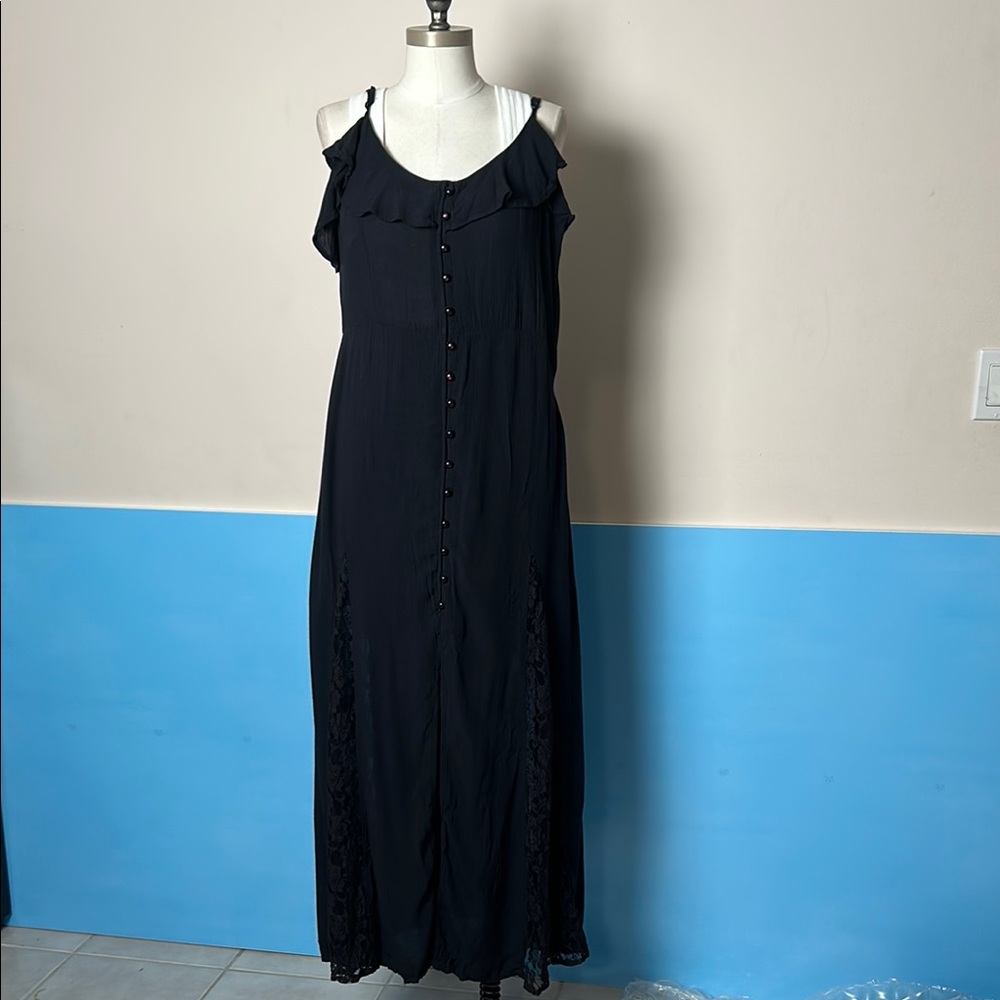 Black Maxi Gauze Dress Front Button Lace Panels size M